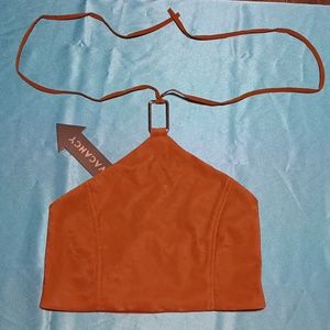 Dolls Kill × No Vacancy Faux Suede Halter Tie Mocha Brown Crop Top (M)